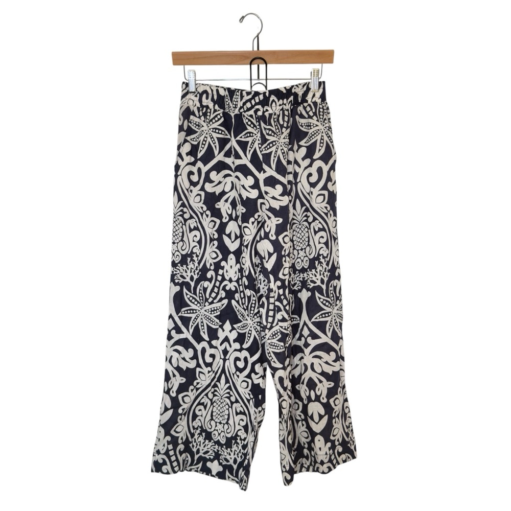 Emerson Rose Small Blue White Damask Paisley Print‎ Linen Blend Wide Leg Pants